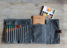 Load image into Gallery viewer, Roll up pencil case in waxed canvas, watercolor paint brush holder, waxed canvas roll up paint brush holder
